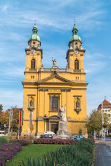 Beautiful yellow church in Budapest, Hungary. Religion.