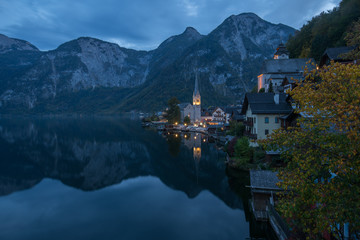 Beautiful landscapes in Hallstatt in a foggy day, a Lakeside Village in dusk, Austria