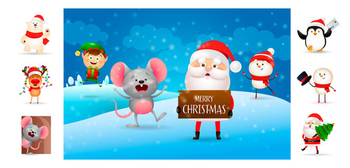 Merry Christmas card with Santa holding wooden sign with Text. Text with decorations can be used for invitation and greeting card. New Year concept
