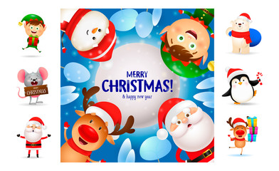 Merry Christmas card with smiling cartoon characters. Text with decorations can be used for invitation and greeting card. New Year concept