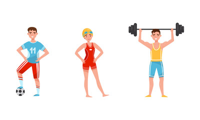 Fototapeta na wymiar People Performing Various Sports Activities Set, Male and Female Athletes Playing Soccer, Swimming, Exercising with Dumbbell Vector Illustration