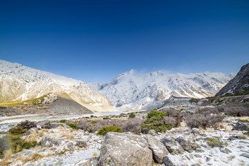 Amazing view at Hooker Valley track in Mount Cook, New Zealand.Close up shot on the grass covered by snow.