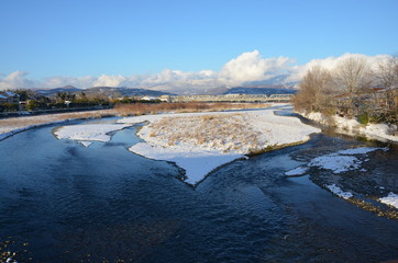  winter landscape with mountain river mountains and clouds
