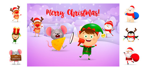 Merry Christmas card with smiling elf holding loudspeaker. Text with decorations can be used for invitation and greeting card. New Year concept