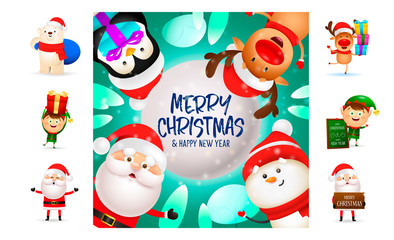 Merry Christmas colorful postcard with cute cartoon characters. Text with decorations can be used for invitation and greeting card. New Year concept