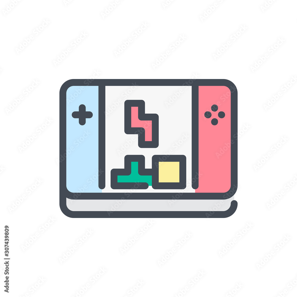Poster gamepad with tetris game color line icon. portable game console vector outline colorful sign.
