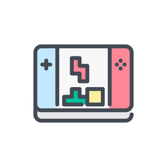Gamepad with tetris game color line icon. Portable game console vector outline colorful sign.