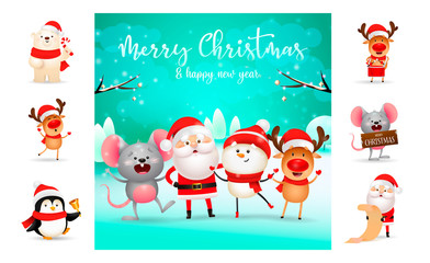 Merry Christmas greeting card with cartoon characters. Text with decorations can be used for invitation and greeting card. New Year concept