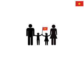 Vietnamese family with Socialist Republic of Vietnam national flag, we love Vietnam concept, sign symbol background, vector illustration.