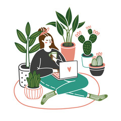 Cute young woman sitting on the floor with a laptop at home with plants growing in pots. Working or relax. Cartoon vector illustration.