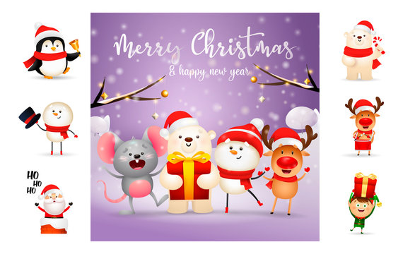 Merry Christmas greeting card with cute cartoon characters. Text with decorations can be used for invitation and greeting card. New Year concept