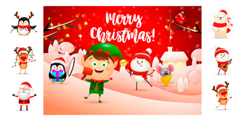 Merry Christmas greeting card with smiling elf. Text with decorations can be used for invitation and greeting card. New Year concept