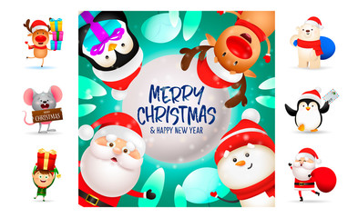 Merry Christmas postcard on blue background. Text with decorations can be used for invitation and greeting card. New Year concept