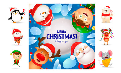 Merry Christmas postcard with cute cartoon characters. Text with decorations can be used for invitation and greeting card. New Year concept
