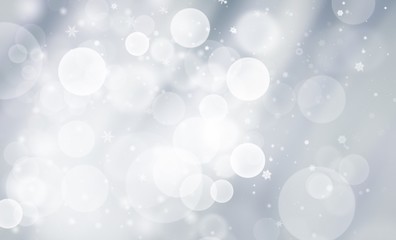 Gray abstract background with white snowflakes winter and bokeh stars blurred beautiful shiny...
