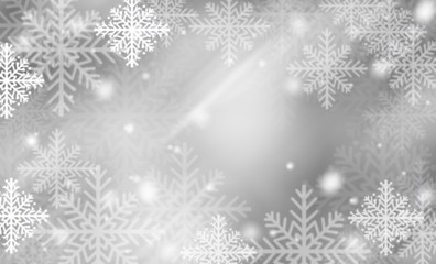 Fototapeta na wymiar Gray abstract background with white snowflakes winter and bokeh stars blurred beautiful shiny light, use illustration Christmas new year wallpaper backdrop and texture your product.