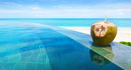 Paradise Island. Aerial View of beautiful Mala Mala Island, Fiji, Pacific Ocean. Coconut drink.