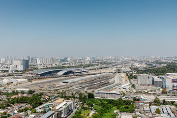 BANGKOK, THAILAND - NOV, 26, 2019 : Aerial view of Bang Sue central station, the new railway hub transportation building under construction in Bangkok, Thailand.