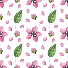 Watercolor seamless pattern with pale pink sakura flowers.