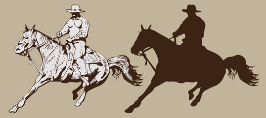 Print cowboy riding a wild horse mustang rounding a kicking horse on a rodeo graphic sketch sketching graphics