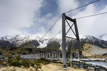 Hooker Valley suspensions Bridge.Amazing view at Hooker Valley track in Mount Cook, New Zealand.