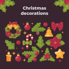 Christmas items collection. Holiday decoration elements flat illustration.