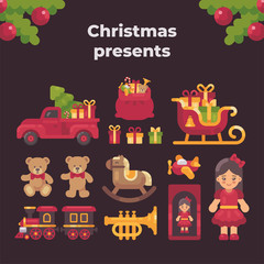 Fototapeta premium Christmas presents collection. Toys and gifts flat illustration