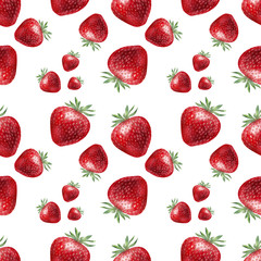 Watercolor seamless pattern with ripe strawberries