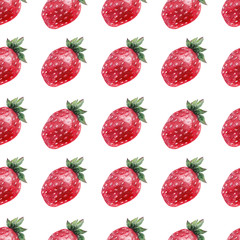 Watercolor seamless pattern with ripe strawberries