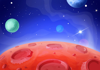 Cosmic space landscape. Planets surface with craters, stars and comets. Galaxy background © lightgirl