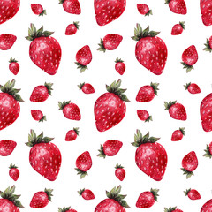 Watercolor seamless pattern with ripe strawberries