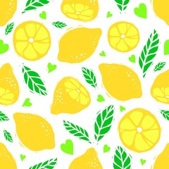 Lemon seamless vector pattern. Seamless pattern with lemon on light background. Fruit citrus background. Lemon and leaf vector seamless pattern.