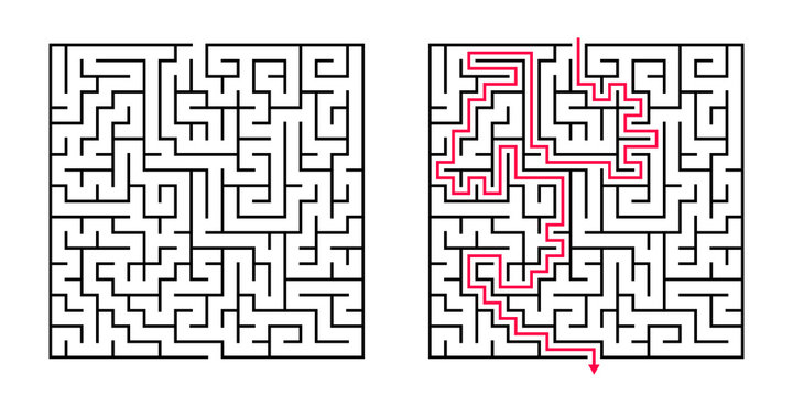 Vector Square Maze - Labyrinth with Included Solution in Balck & Red. Funny & Educational Mind Game for Coordination, Problems Solving, Decision Making Skills Test.