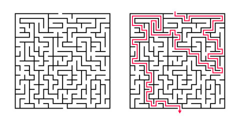 Vector Square Maze - Labyrinth with Included Solution in Balck & Red. Funny & Educational Mind Game for Coordination, Problems Solving, Decision Making Skills Test.