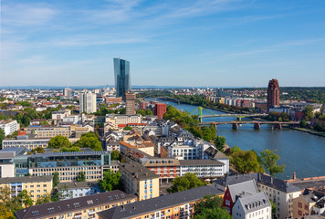 Aerial view over Frankfurt and the Main River.