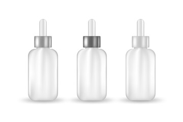Beauty product glass bottles template set with droplets isolated on white background. White and silver plastic container materials for skin care essences, organic serums, acids or nutritive oils.