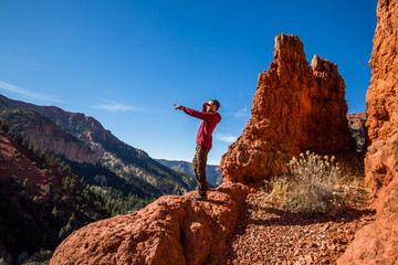 Hiker on top of red rock cliff pointing into the distance.