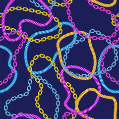 Golden chains and ropes interlacement vector seamless pattern. Luxurious jewelry decorative background. Strength, wellfare concept. Elegant fashionable background. Cartoon, festive and vulgar style.