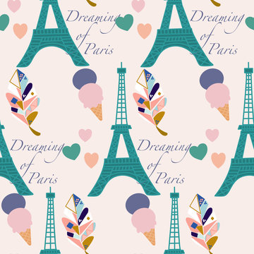 toureiffel, ice creams and colorful leaves, pattern design