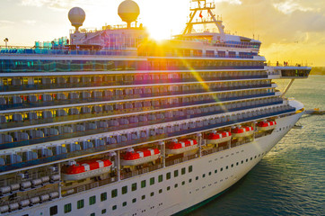 Boom in cruising with luxury cruise ship liner in port of Nassau, Bahamas during Caribbean cruise...