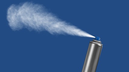 VFX plate photo of spray can with blast on blue background, fountain of vaporized foam particles