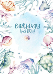 sea animals aquarium baby happy birthday poster. Blue watercolor ocean fish, turtle, whale and coral. Shell aquarium background. Nautical marine illustration