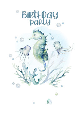 sea animals aquarium baby happy birthday poster. Blue watercolor ocean fish, turtle, whale and coral. Shell aquarium background. Nautical marine illustration