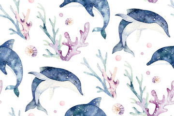 Sea animals blue watercolor ocean seamless pettern fish, turtle, whale and coral. Shell aquarium background. Nautical starfish marine dolphin illustration