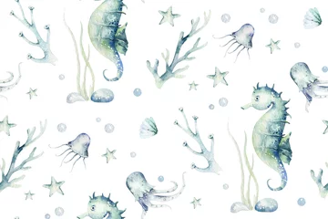 Behang Zeedieren blauwe aquarel oceaan naadloze pettern vis, schildpad, walvis en koraal. Shell aquarium achtergrond. Nautische zeester mariene illustratie © kris_art