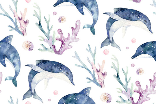 Sea animals blue watercolor ocean seamless pettern fish, turtle, whale and coral. Shell aquarium background. Nautical starfish marine dolphin illustration