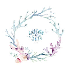 Set of sea animals wreath. Blue watercolor ocean fish, turtle, whale and coral. Shell aquarium background. Nautical marine hand painted illustration.