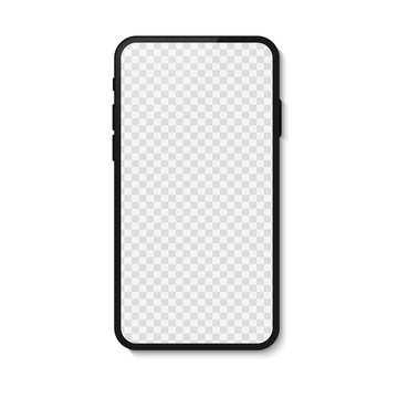 Black smart phone isolated on transparent background, smartphone blank screen, phone mockup, vector illustration.