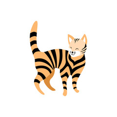 Fototapeta na wymiar Cute striped cat isolated on white background. Standing cartoon pet with closed eyes. Flat vector illustration.
