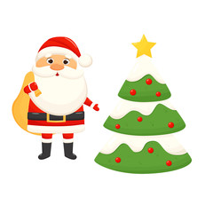 cute santa claus with bag of gifts and christmas tree. Santa in a red suit. Santa Claus Character Set